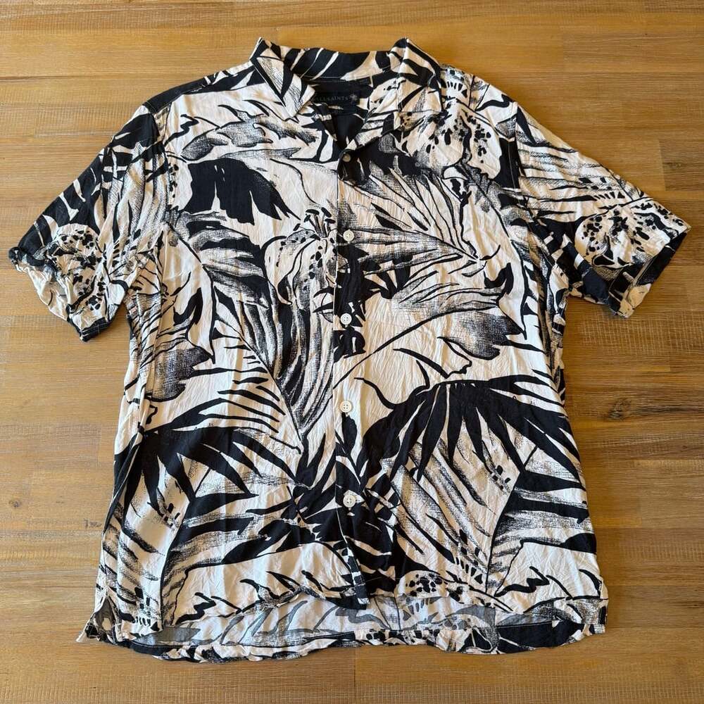 AllSaints Lanai Shirt Small S Black White Floral Tropical Viscose Camp Relaxed